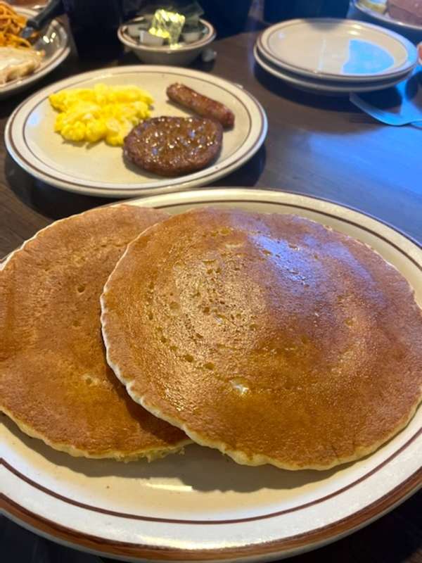 Pancakes, eggs and sausage at Coffee Cup in Princeton