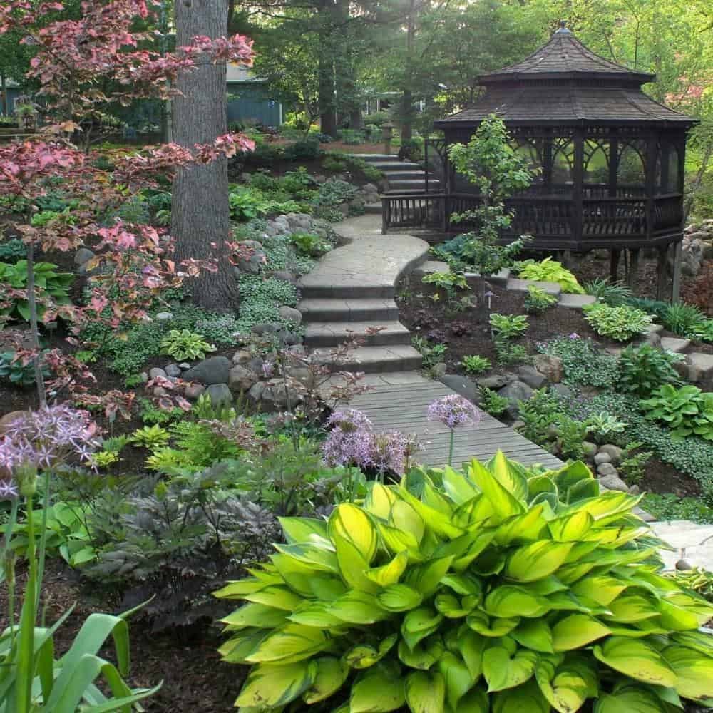 Hostas and a gazebo at Hornbaker Gardens