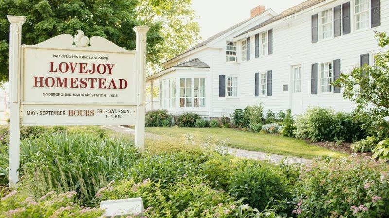 Owen Lovejoy Homestead and its historic landmark sign