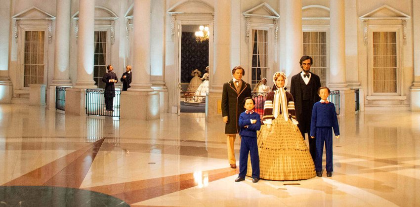 Life-size Lincoln family figures in the atrium of the Abraham Lincoln Presidential Museum in Springfield.